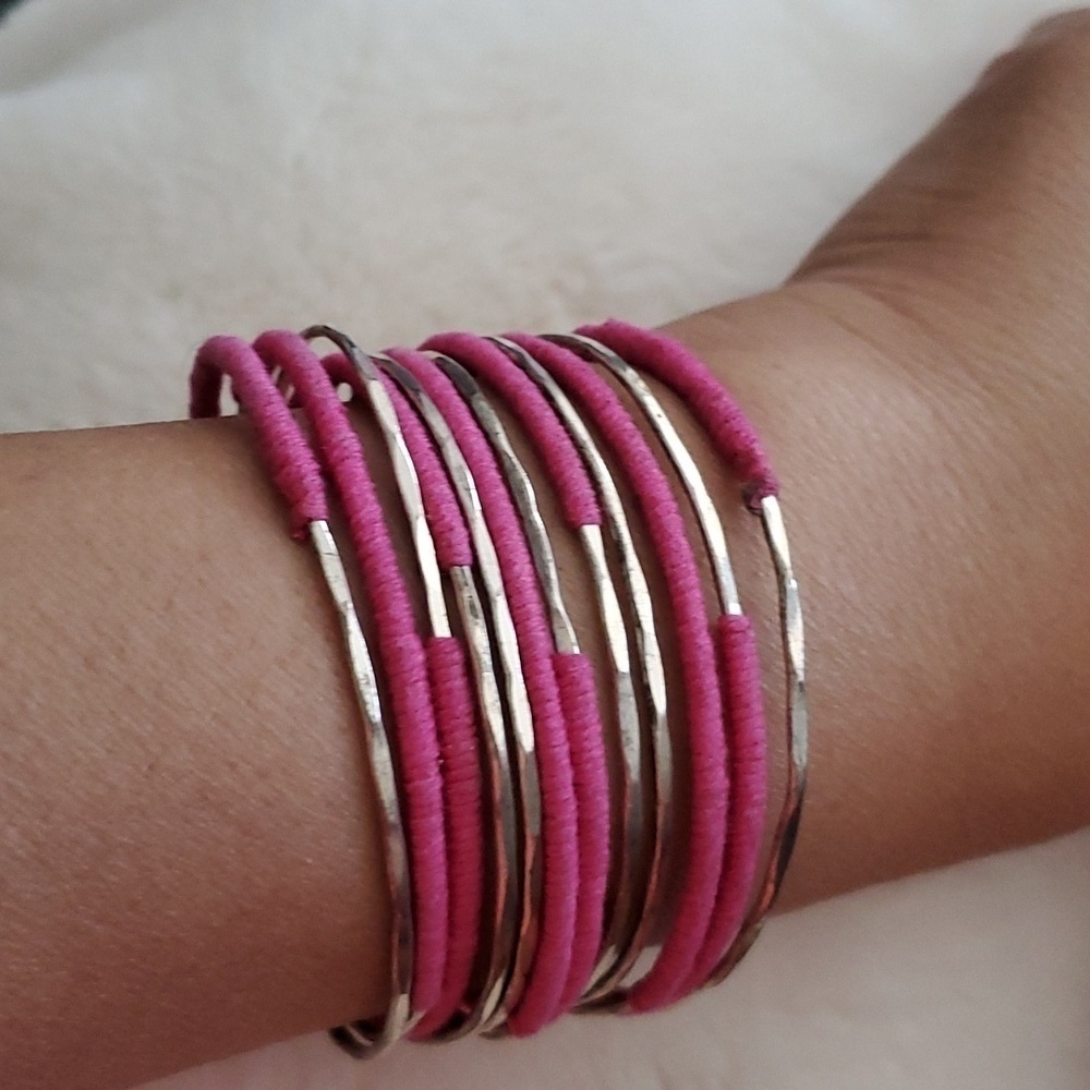 HOT PINK SILVER TONE MULTI STRAND CUFF BRACELET